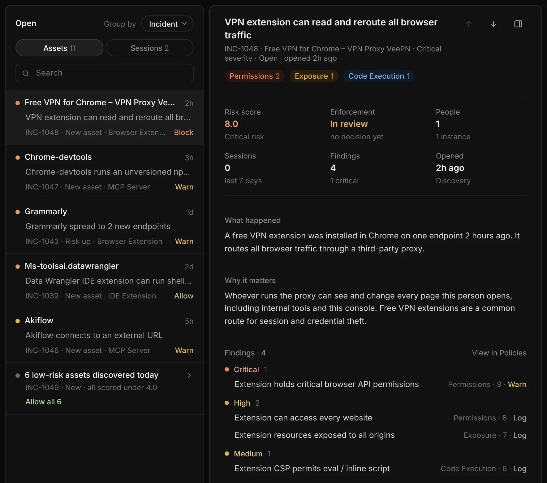 SuperAlign console, Incidents: a queue of open incidents and the selected one, a VPN extension that can read and reroute all browser traffic, with risk score, findings, impact and a recommendation to block.