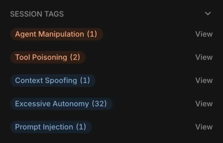 Session tags for the same session: agent manipulation, tool poisoning, context spoofing, excessive autonomy and prompt injection, each with a count.