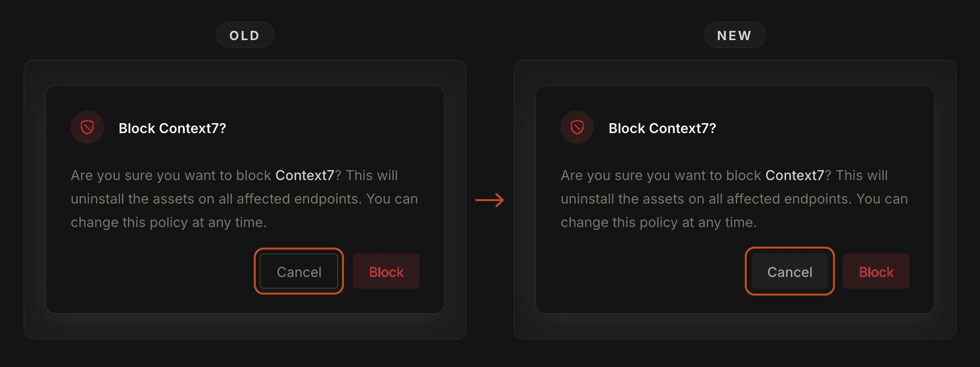 Old and new Block Context7? confirmation dialogs, joined by an arrow. Old has an outlined Cancel button beside Block. New has a grey filled Cancel button beside Block.