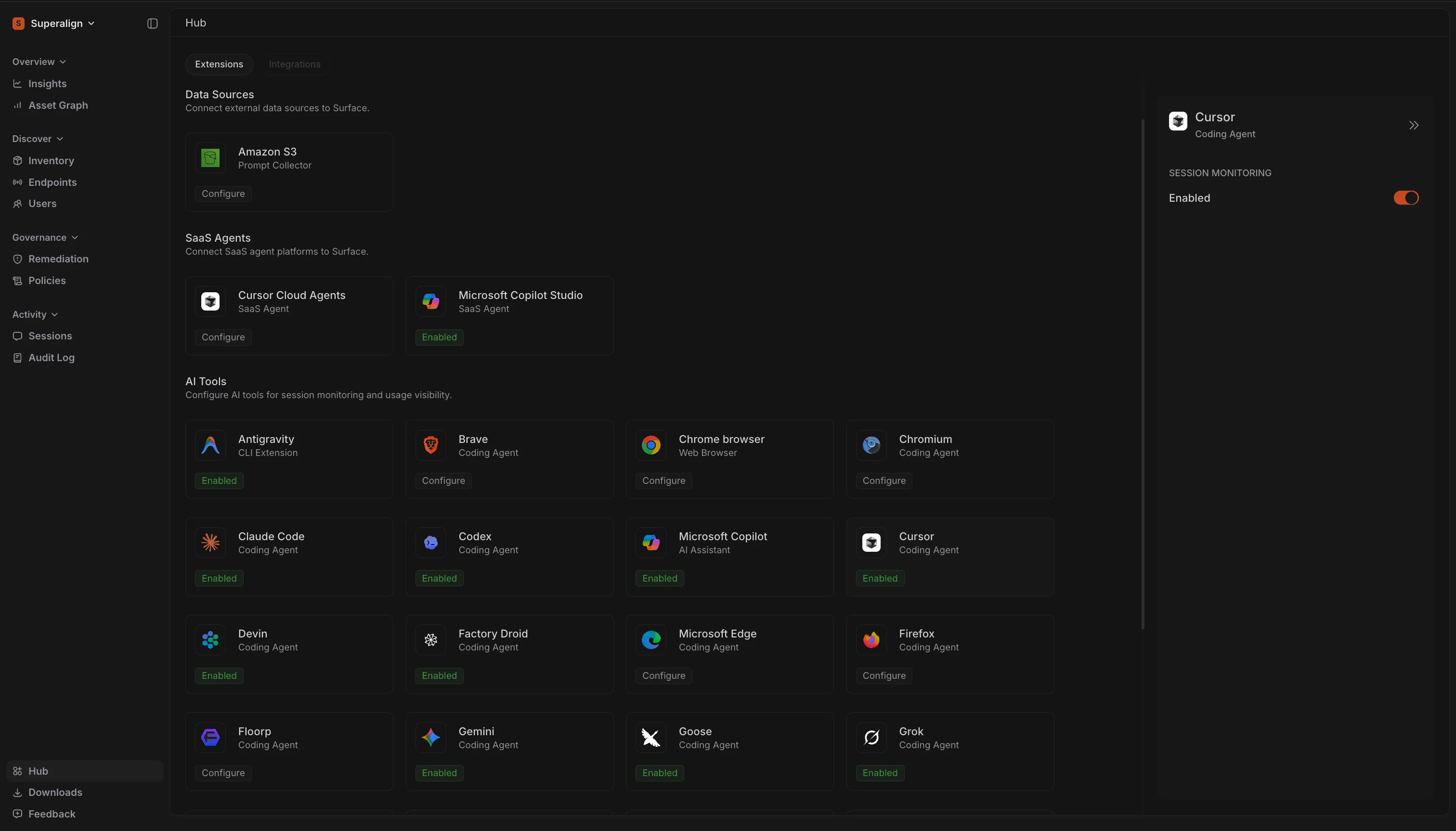 SuperAlign Hub page opened from the sidebar, showing Amazon S3 under Data Sources, Cursor Cloud Agents and Microsoft Copilot Studio under SaaS Agents, and the AI Tools grid, with Cursor's session monitoring settings open in the side panel