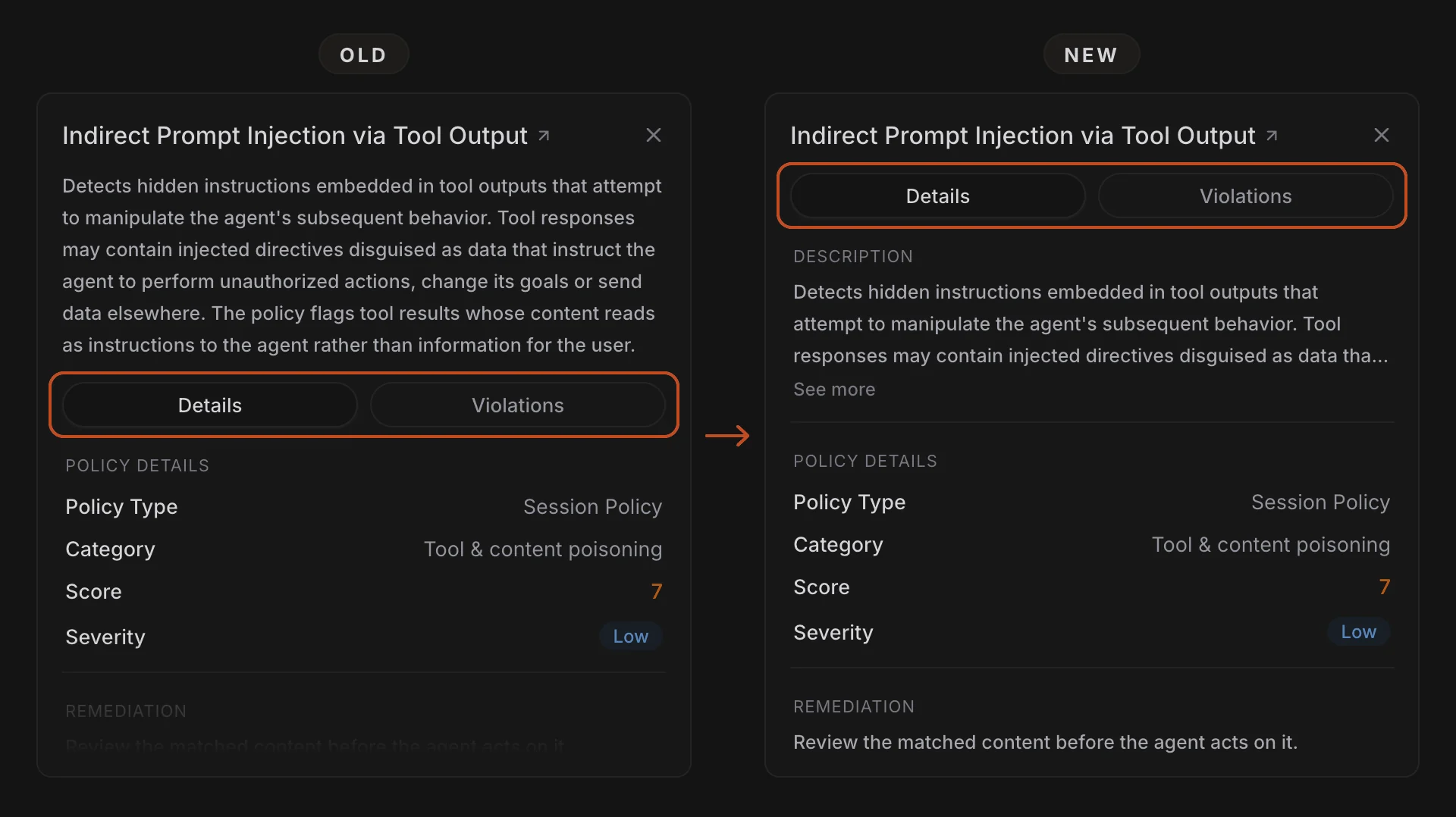 Old and new panels for the same session policy, joined by an arrow. Old shows the full description above the Details and Violations tabs, pushing the policy details down so Remediation fades off the bottom. New shows the tabs under the policy name, a three-line description with See more, then Policy Type, Category, Score, Severity and Remediation all in view.
