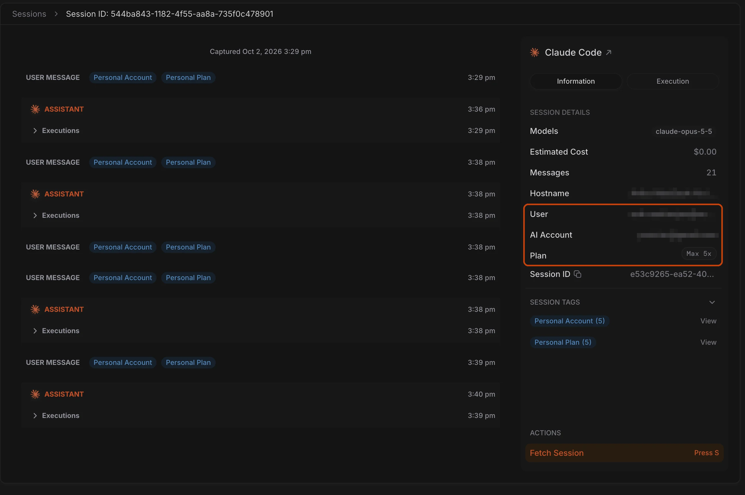 SuperAlign session view for a Claude Code session, with user messages tagged Personal Account and Personal Plan, and the session details panel highlighting the User, AI Account and Plan fields